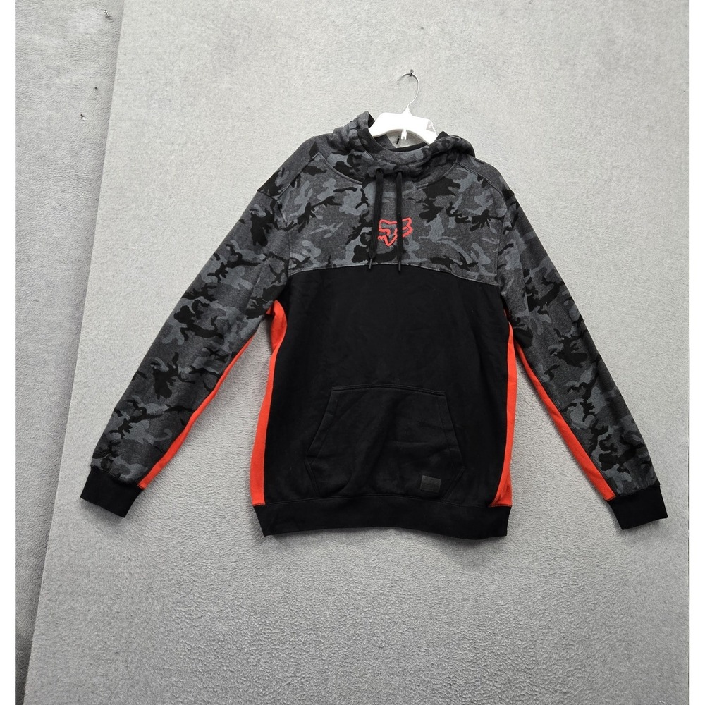 Fox Men Hoodie L Black Camouflage Colorblock Logo Fleece Drawstring Pullover
